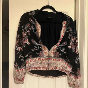 Angie Jacket Navy Blue Floral Boho Zip Up Bomber Size S